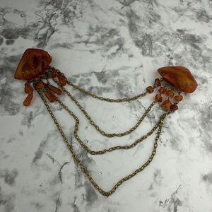 Vintage Art Deco Baltic Amber Collar Pin Brooch Dangle Beds Chain Gold Tone